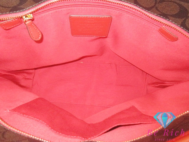 コーチ COACH シグネチャー トートバッグ F36876  茶 ダーク ブラウン 赤 レッド PVC レザー ロゴ ショルダーバッグ ハンドバッグ  【中古】【送料無料】 bk9595