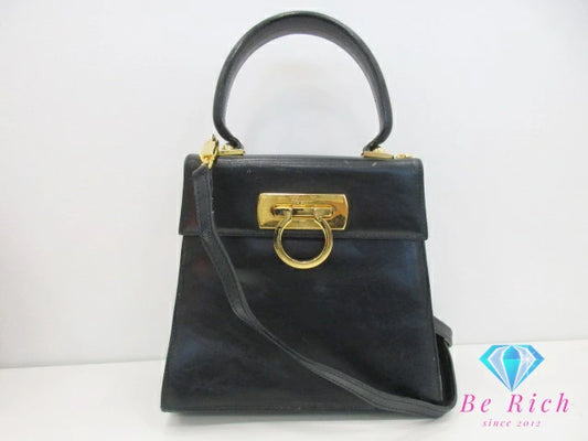 フェラガモ Salvatore Ferragamo ガンチーニ 2way ハンドバッグ ショルダーバッグ 0212193 黒 ブラック レザー ロゴ 鞄 パーティ フォーマル  【中古】【送料無料】 bk9646