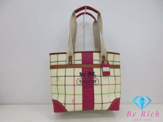 コーチ COACH トートバッグ 12220 ヘリテージ ストライプ タッターソール トート アイボリー ピンク ロゴ PVC レザー 肩掛け ハンドバッグ ショッパー 鞄  【中古】【送料無料】 bk9661