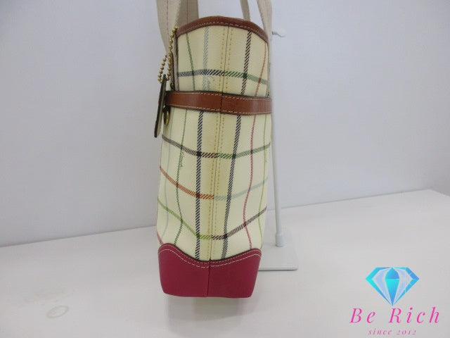 コーチ COACH トートバッグ 12220 ヘリテージ ストライプ タッターソール トート アイボリー ピンク ロゴ PVC レザー 肩掛け ハンドバッグ ショッパー 鞄  【中古】【送料無料】 bk9661