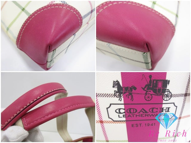 コーチ COACH トートバッグ 12220 ヘリテージ ストライプ タッターソール トート アイボリー ピンク ロゴ PVC レザー 肩掛け ハンドバッグ ショッパー 鞄  【中古】【送料無料】 bk9661