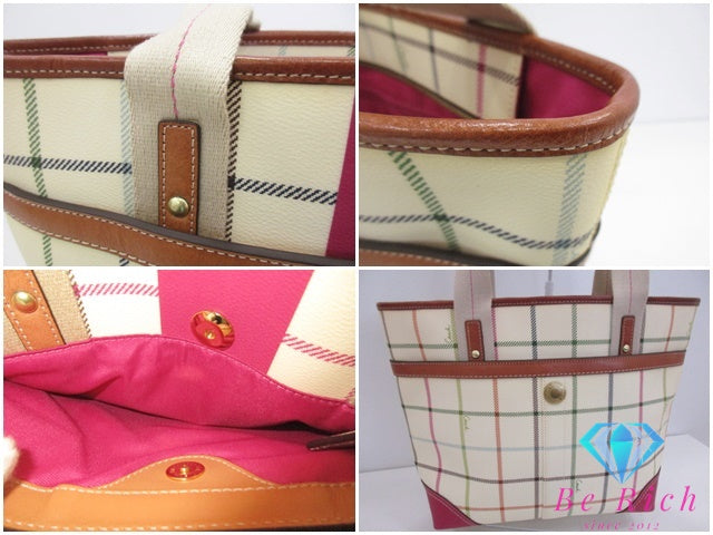 コーチ COACH トートバッグ 12220 ヘリテージ ストライプ タッターソール トート アイボリー ピンク ロゴ PVC レザー 肩掛け ハンドバッグ ショッパー 鞄  【中古】【送料無料】 bk9661