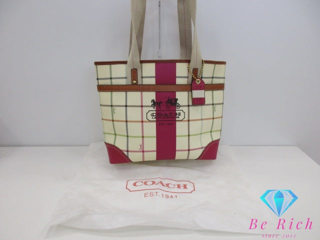 コーチ COACH トートバッグ 12220 ヘリテージ ストライプ タッターソール トート アイボリー ピンク ロゴ PVC レザー 肩掛け ハンドバッグ ショッパー 鞄  【中古】【送料無料】 bk9661