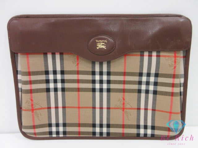 バーバリー BURBERRY クラッチバッグ ポーチ FKO-01 ノバ チェック ブラウン ベージュ キャンバス レザー ロゴ セカンドバッグ ファイルバッグ 手持ち 鞄  【中古】【送料無料】 bk9811
