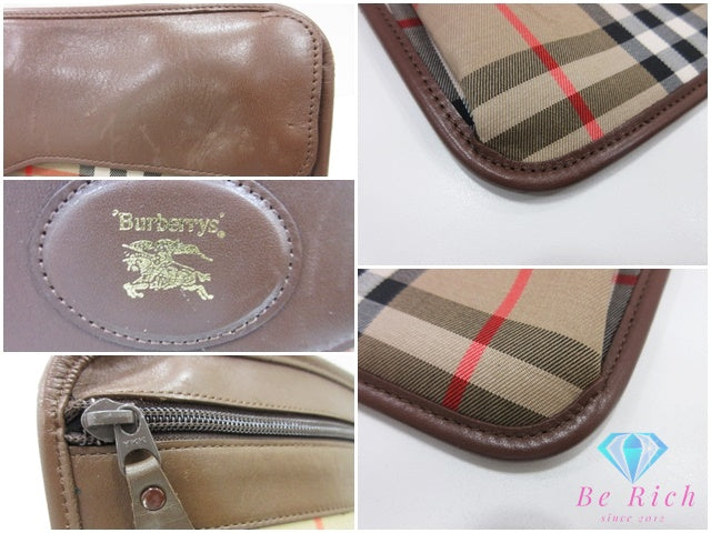 バーバリー BURBERRY クラッチバッグ ポーチ FKO-01 ノバ チェック ブラウン ベージュ キャンバス レザー ロゴ セカンドバッグ ファイルバッグ 手持ち 鞄  【中古】【送料無料】 bk9811