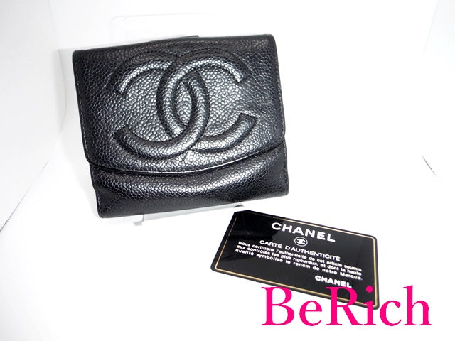 シャネル Wホック 二つ折り 財布 黒 ブラック キャビアスキン レザー ココマーク ウォレット CHANEL 【中古】【送料無料】 bs3122