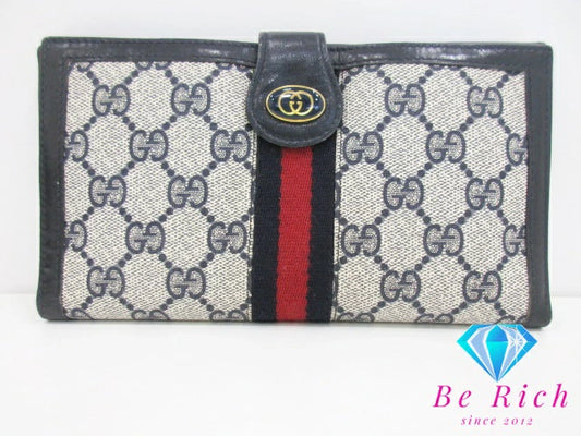 グッチ GUCCI Wホック 長財布 GG ネイビー 紺 シェリー ウェブ ロゴ PVC キャンバス レザー 二つ折り財布 ロング ウォレット オールド ヴィンテージ 【中古】【送料無料】 bs3227