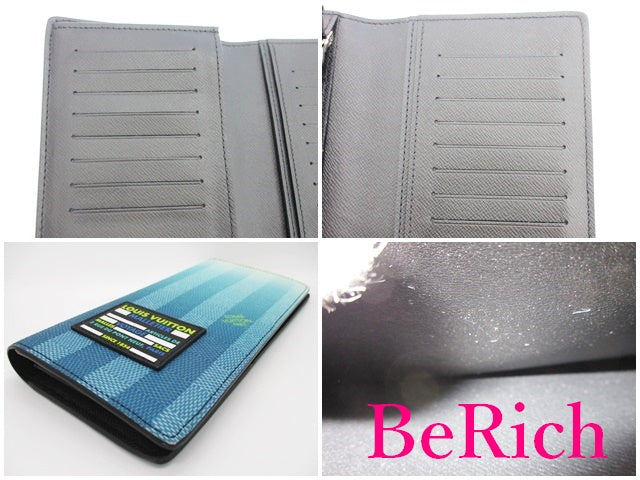 ルイ ヴィトン LOUIS VUITTON メンズ 長財布 ダミエ ストライプ ポルト フォイユ ブラザ M81318  LV ロゴ 二つ折り財布 ブルー 水色 ロング ウォレット 【中古】【送料無料】 bs3386