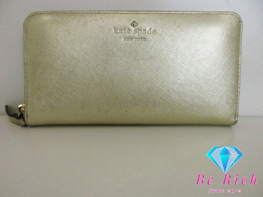 ケイトスペード kate spade ラウンドファスナー 長財布 PWRU 4065 ゴールド レザー ロゴ 二つ折り財布 ロング ウォレット  【中古】【送料無料】 bs3487