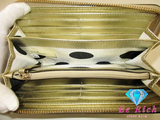 ケイトスペード kate spade ラウンドファスナー 長財布 PWRU 4065 ゴールド レザー ロゴ 二つ折り財布 ロング ウォレット  【中古】【送料無料】 bs3487