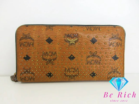 MCM エムシーエム 二つ折り財布 ラウンドファスナー 長財布 スタッズ ヴィセトス モノグラム ロゴ コニャック キャメル レザー ロング ウォレット 【中古】【送料無料】 bs3621