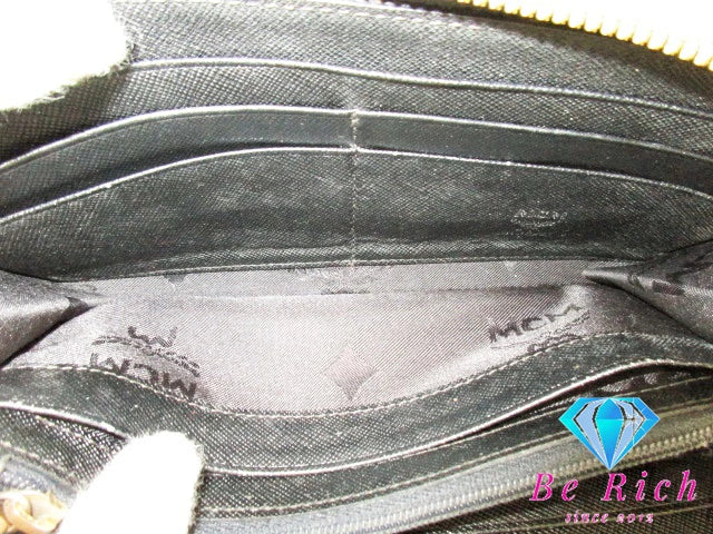 MCM エムシーエム 二つ折り財布 ラウンドファスナー 長財布 スタッズ ヴィセトス モノグラム ロゴ コニャック キャメル レザー ロング ウォレット 【中古】【送料無料】 bs3621