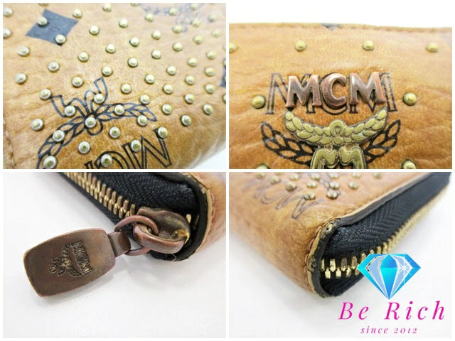 MCM エムシーエム 二つ折り財布 ラウンドファスナー 長財布 スタッズ ヴィセトス モノグラム ロゴ コニャック キャメル レザー ロング ウォレット 【中古】【送料無料】 bs3621