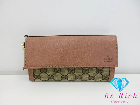 美品 グッチ GUCCI 二つ折り 長財布 323396 GG キャンバス 茶 ブラウン ベージュピンク ロゴ  レザー ロング ウォレット 【中古】【送料無料】bs3622