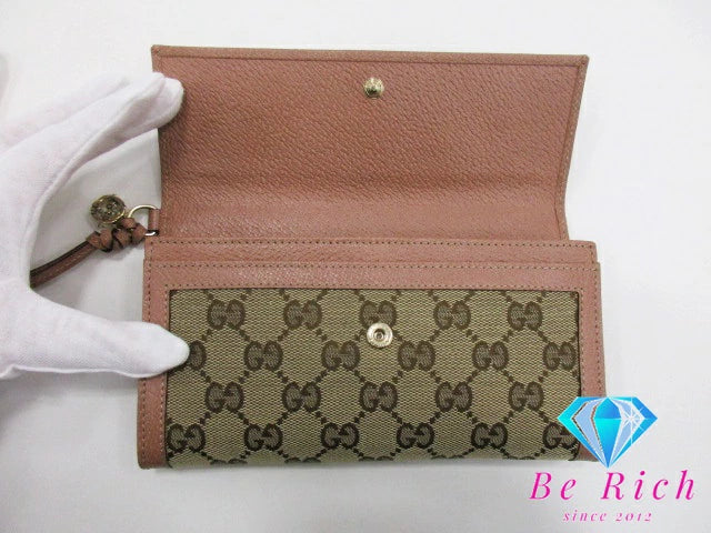 美品 グッチ GUCCI 二つ折り 長財布 323396 GG キャンバス 茶 ブラウン ベージュピンク ロゴ  レザー ロング ウォレット 【中古】【送料無料】bs3622