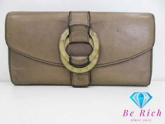 ブルガリ BVLGARI 二つ折り財布 長財布 35169 チャンドラ カーキ レザー ロゴ ロング ウォレット  【中古】【送料無料】 bs3640