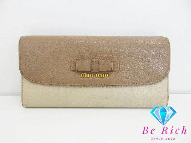 ミュウミュウ miumiu 二つ折り財布 長財布 5M1109 マドラス ベージュ レザー バイカラー ロゴ ロング ウォレット 【中古】【送料無料】 bs3645