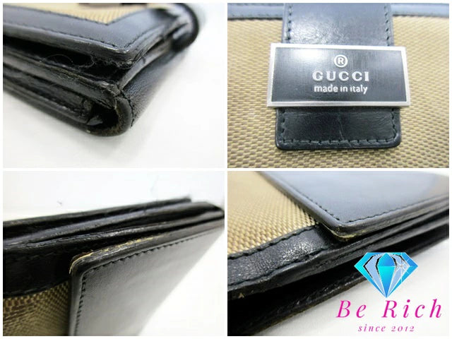 グッチ GUCCI 二つ折り財布 035.0416.2100 キャンバス レザー 小銭入れ ブラウン ブラック 黒 レザー ロゴ コンパクト ウォレット  【中古】【送料無料】 bs3653