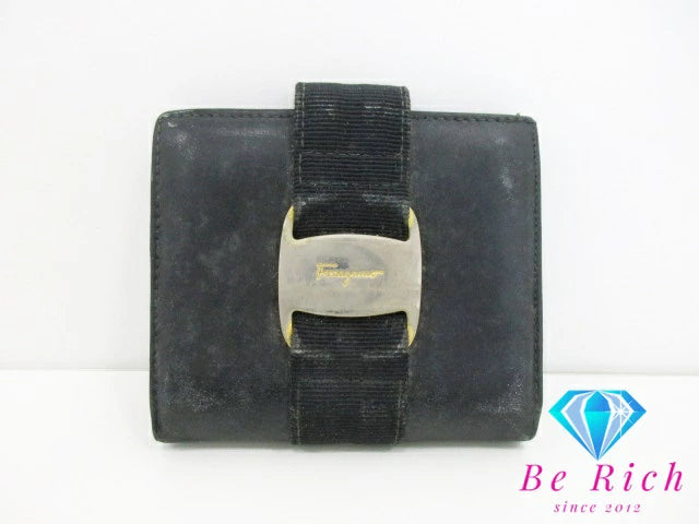 サルヴァトーレ フェラガモ Salvatore Ferragamo 二つ折り財布 22 3053 ヴァラ 黒 ブラック レザー コンパクト ウォレット  【中古】【送料無料】bs3671