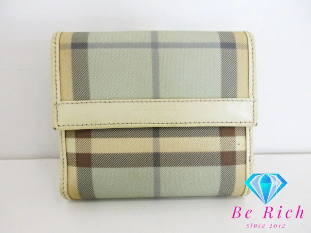 バーバリー BURBERRY Wホック 財布 チェック ベージュ イエロー ブルー ナイロン レザー ロゴ 札入れ 小銭入れ 二つ折り財布 中財布 ミディアム コンパクト ウォレット 【中古】【送料無料】 bs3687