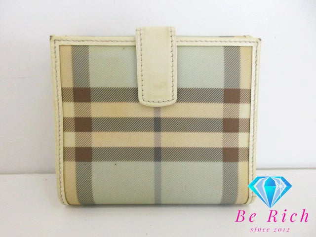 バーバリー BURBERRY Wホック 財布 チェック ベージュ イエロー ブルー ナイロン レザー ロゴ 札入れ 小銭入れ 二つ折り財布 中財布 ミディアム コンパクト ウォレット 【中古】【送料無料】 bs3687