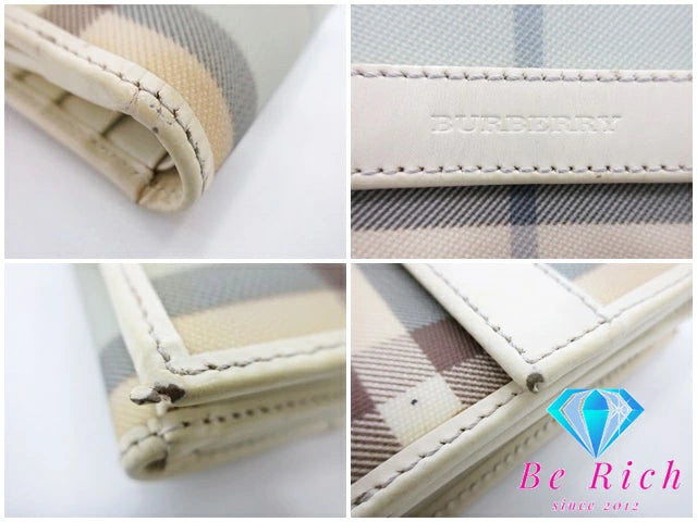 バーバリー BURBERRY Wホック 財布 チェック ベージュ イエロー ブルー ナイロン レザー ロゴ 札入れ 小銭入れ 二つ折り財布 中財布 ミディアム コンパクト ウォレット 【中古】【送料無料】 bs3687