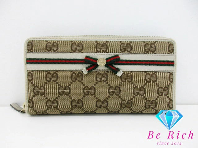 グッチ GUCCI ラウンド ファスナー 長財布 307995 メイフェア GG キャンバス レザー リボン シェリー ウェブ ブラウン アイボリー 二つ折り財布 ロング ウォレット 【中古】【送料無料】bs3691