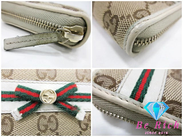 グッチ GUCCI ラウンド ファスナー 長財布 307995 メイフェア GG キャンバス レザー リボン シェリー ウェブ ブラウン アイボリー 二つ折り財布 ロング ウォレット 【中古】【送料無料】bs3691
