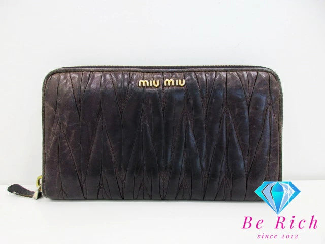 ミュウミュウ miumiu ラウンド ファスナー 長財布 5M0506 マテラッセ インダコ レザー ギャザー ロゴ 二つ折り財布 ロング ウォレット 【中古】【送料無料】 bs3695