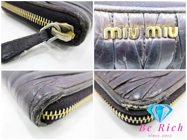 ミュウミュウ miumiu ラウンド ファスナー 長財布 5M0506 マテラッセ インダコ レザー ギャザー ロゴ 二つ折り財布 ロング ウォレット 【中古】【送料無料】 bs3695