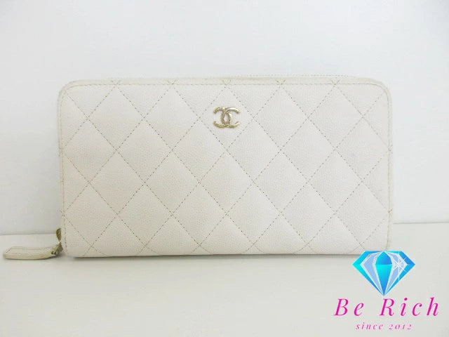 シャネル CHANEL マトラッセ 二つ折り財布 ラウンド ジップ 長財布 AP0242 白 ホワイト キャビアスキン レザー ココマーク Cロゴ ファスナー ロング ウォレット 【中古】【送料無料】  bs3704