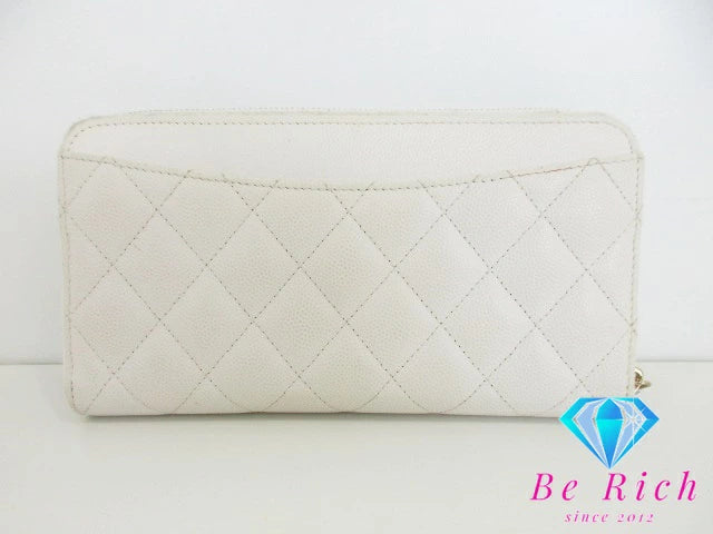 シャネル CHANEL マトラッセ 二つ折り財布 ラウンド ジップ 長財布 AP0242 白 ホワイト キャビアスキン レザー ココマーク Cロゴ ファスナー ロング ウォレット 【中古】【送料無料】  bs3704