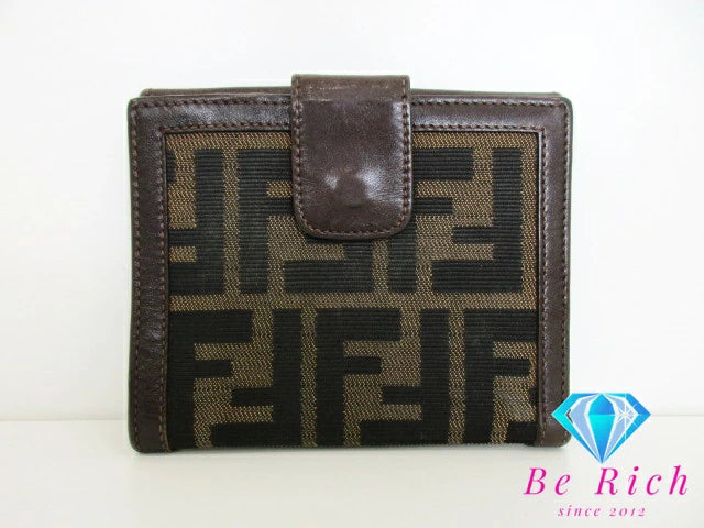 フェンディ FENDI Wホック 二つ折り財布 2251 12671 008 ズッカ ブラウン 茶 キャンバス レザー ロゴ コンパクト ウォレット  【中古】【送料無料】 bs3705