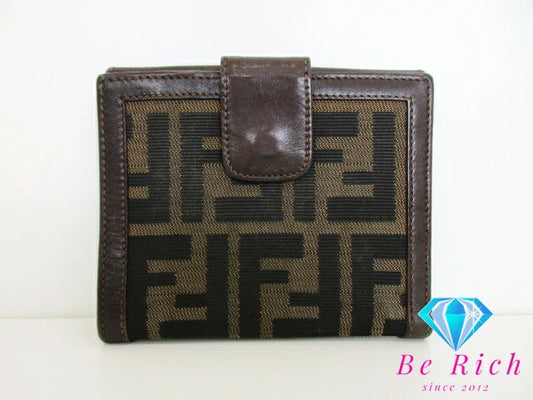 フェンディ FENDI Wホック 二つ折り財布 2251 12671 008 ズッカ ブラウン 茶 キャンバス レザー ロゴ コンパクト ウォレット  【中古】【送料無料】 bs3705