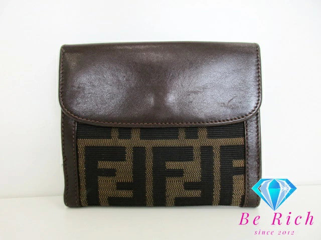 フェンディ FENDI Wホック 二つ折り財布 2251 12671 008 ズッカ ブラウン 茶 キャンバス レザー ロゴ コンパクト ウォレット  【中古】【送料無料】 bs3705