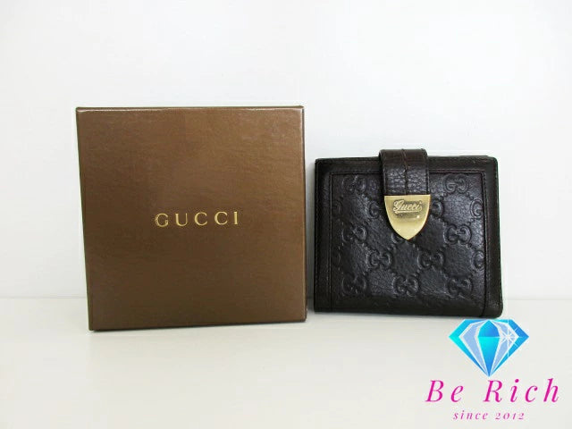 グッチ GUCCI Wホック 二つ折り財布 GG シマ レザー ブラウン 茶 ロゴ コンパクト ウォレット  【中古】【送料無料】bs3706