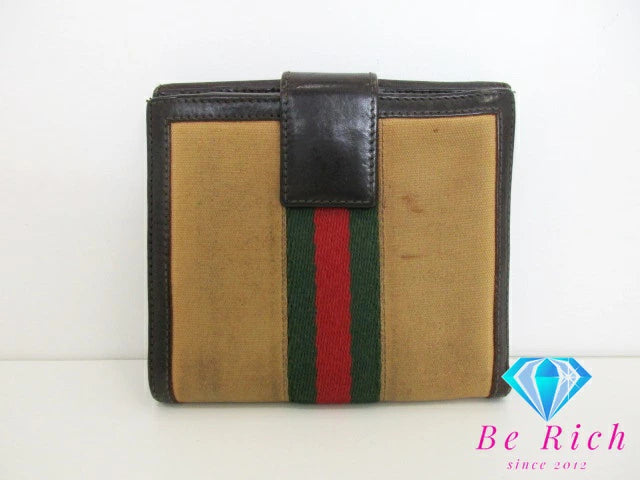 グッチ GUCCI Wホック 二つ折り財布 035.0959.2179 シェリー ウェブ ベージュ ブラウン 茶 キャンバス レザー ロゴ コンパクト ウォレット  【中古】【送料無料】bs3714