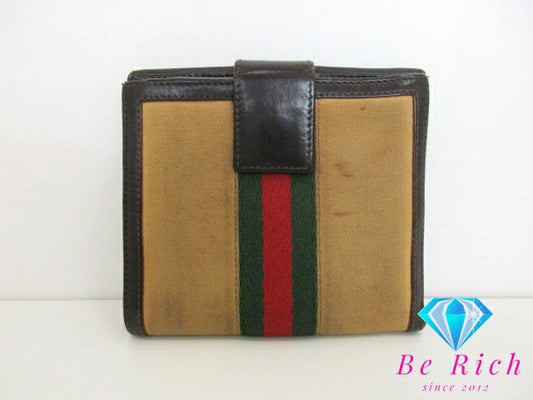 グッチ GUCCI Wホック 二つ折り財布 035.0959.2179 シェリー ウェブ ベージュ ブラウン 茶 キャンバス レザー ロゴ コンパクト ウォレット  【中古】【送料無料】bs3714