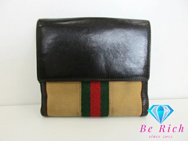 グッチ GUCCI Wホック 二つ折り財布 035.0959.2179 シェリー ウェブ ベージュ ブラウン 茶 キャンバス レザー ロゴ コンパクト ウォレット  【中古】【送料無料】bs3714