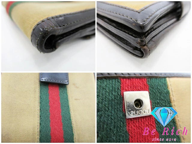 グッチ GUCCI Wホック 二つ折り財布 035.0959.2179 シェリー ウェブ ベージュ ブラウン 茶 キャンバス レザー ロゴ コンパクト ウォレット  【中古】【送料無料】bs3714