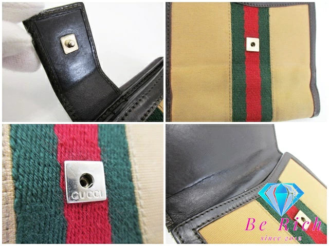 グッチ GUCCI Wホック 二つ折り財布 035.0959.2179 シェリー ウェブ ベージュ ブラウン 茶 キャンバス レザー ロゴ コンパクト ウォレット  【中古】【送料無料】bs3714