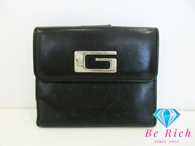 グッチ GUCCI Wホック 二つ折り財布 94272 G ロゴ 黒 ブラック レザー コンパクト ウォレット 【中古】【送料無料】bs3717