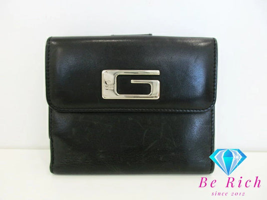 グッチ GUCCI Wホック 二つ折り財布 94272 G ロゴ 黒 ブラック レザー コンパクト ウォレット 【中古】【送料無料】bs3717