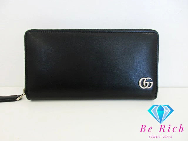 グッチ GUCCI ラウンド ファスナー 長財布 428736 GG マーモント ブラック 黒 スムース レザー ロゴ 二つ折り財布 ロング ウォレット  【中古】【送料無料】 bs3718