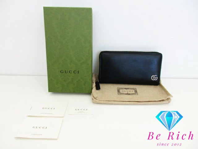 グッチ GUCCI ラウンド ファスナー 長財布 428736 GG マーモント ブラック 黒 スムース レザー ロゴ 二つ折り財布 ロング ウォレット  【中古】【送料無料】 bs3718