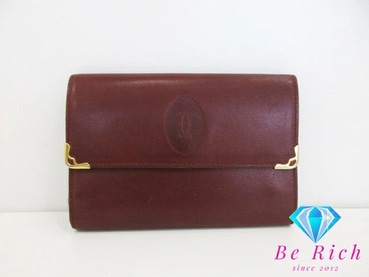 カルティエ Cartier Wホック 三つ折り財布 がま口 小銭入れ マスト ボルドー レザー ロゴ 二つ折り財布 中財布 ミディアム コンパクト ウォレット  【中古】【送料無料】 bs3723