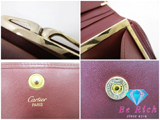 カルティエ Cartier Wホック 三つ折り財布 がま口 小銭入れ マスト ボルドー レザー ロゴ 二つ折り財布 中財布 ミディアム コンパクト ウォレット  【中古】【送料無料】 bs3723