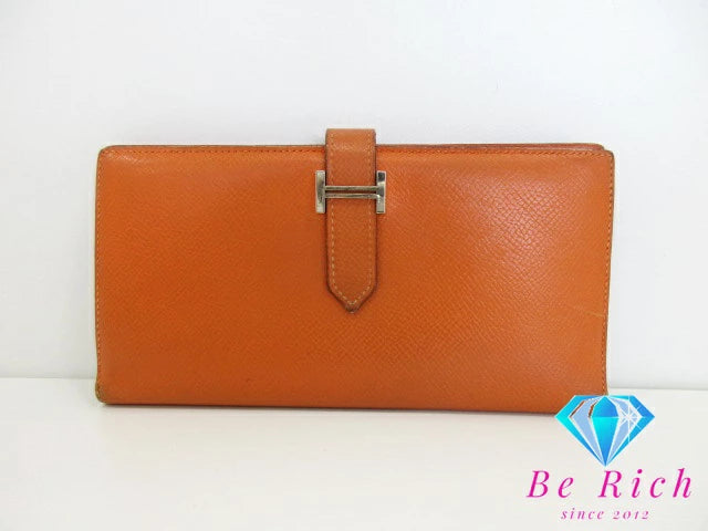 エルメス HERMES 二つ折り財布 長財布 ベアン スフレ □L 刻印 オレンジ ヴォー エプソン レザー H ロゴ シルバー 金具 ロング ウォレット  【中古】【送料無料】 bs3724