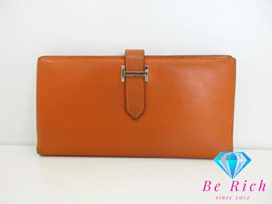 エルメス HERMES 二つ折り財布 長財布 ベアン スフレ □L 刻印 オレンジ ヴォー エプソン レザー H ロゴ シルバー 金具 ロング ウォレット  【中古】【送料無料】 bs3724