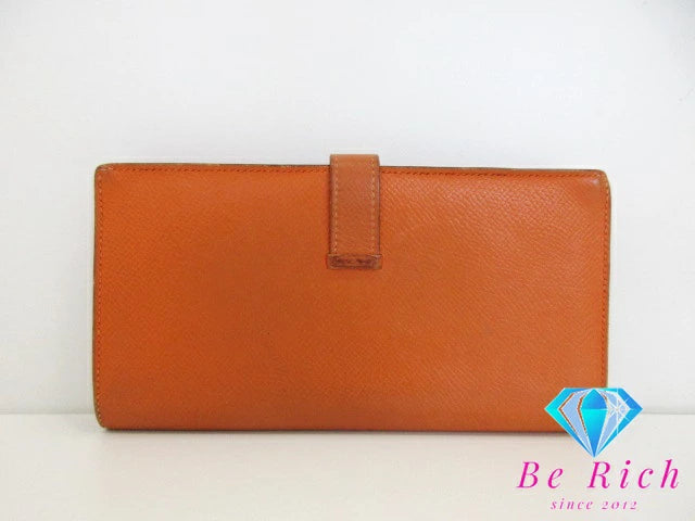 エルメス HERMES 二つ折り財布 長財布 ベアン スフレ □L 刻印 オレンジ ヴォー エプソン レザー H ロゴ シルバー 金具 ロング ウォレット  【中古】【送料無料】 bs3724